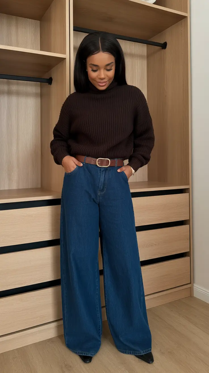 Best outfits for Black women 2026 - Cozy Minimalism: Chocolate Knit and Wide-Leg Denim