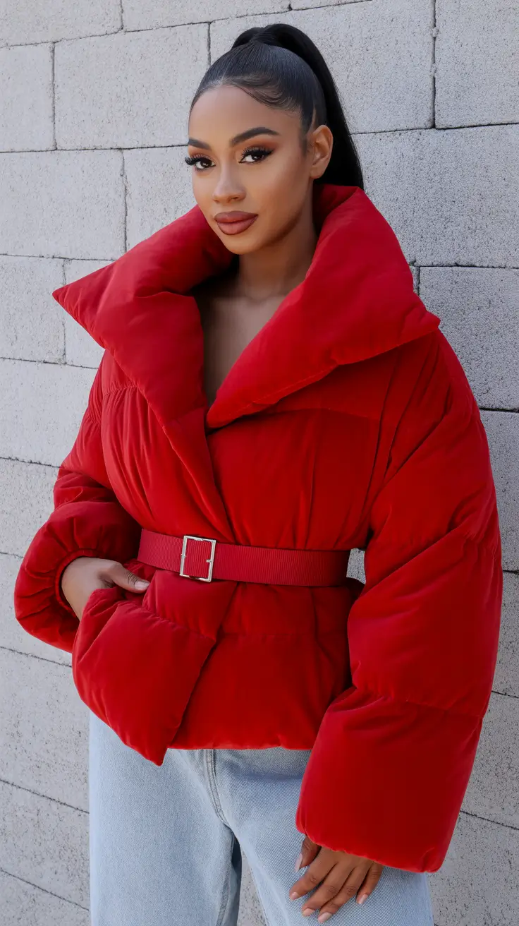 Best outfits for Black women 2026 - Bold Winter Energy: Red Belted Puffer