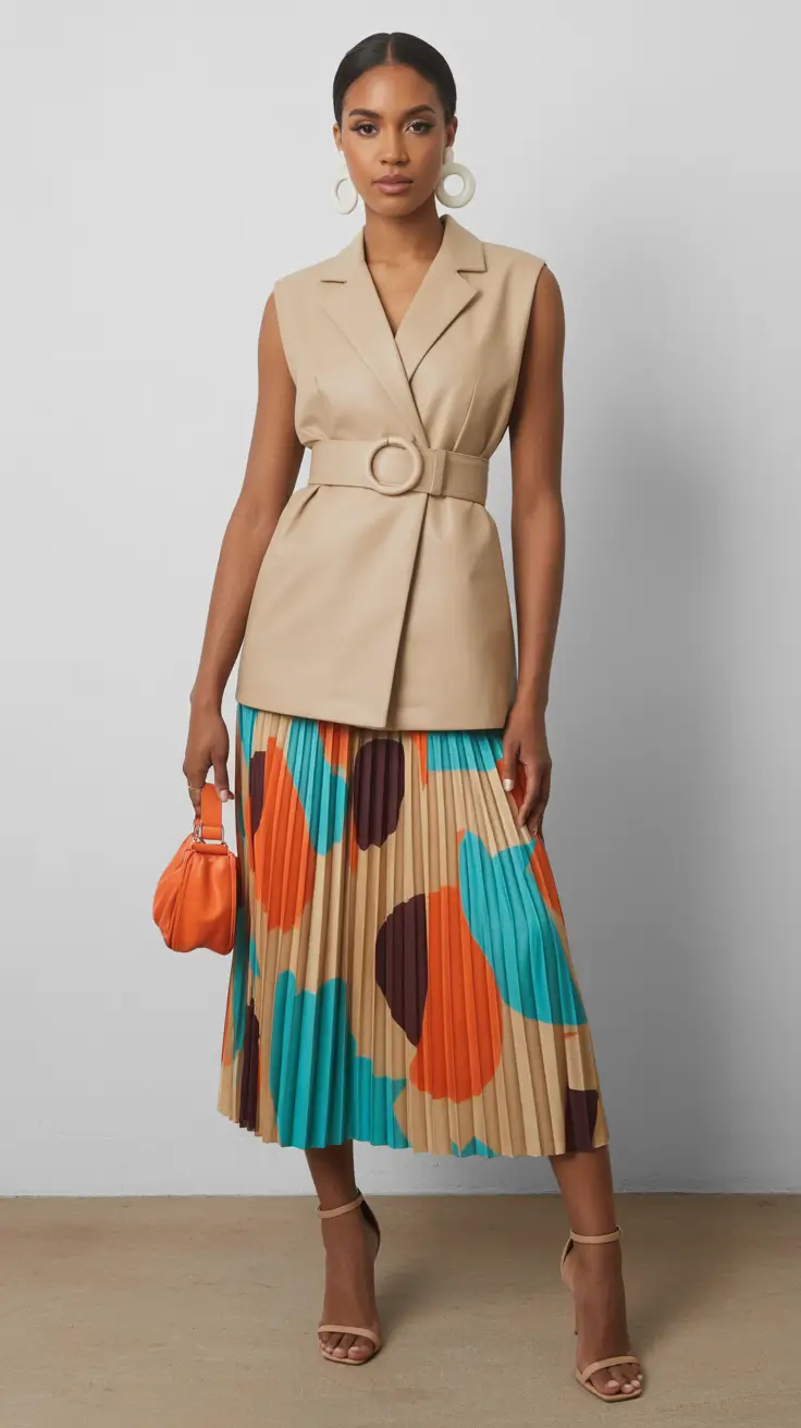 Best outfits for Black women 2026 - Structured Softness: Belted Waistcoat and Art-Print Pleats