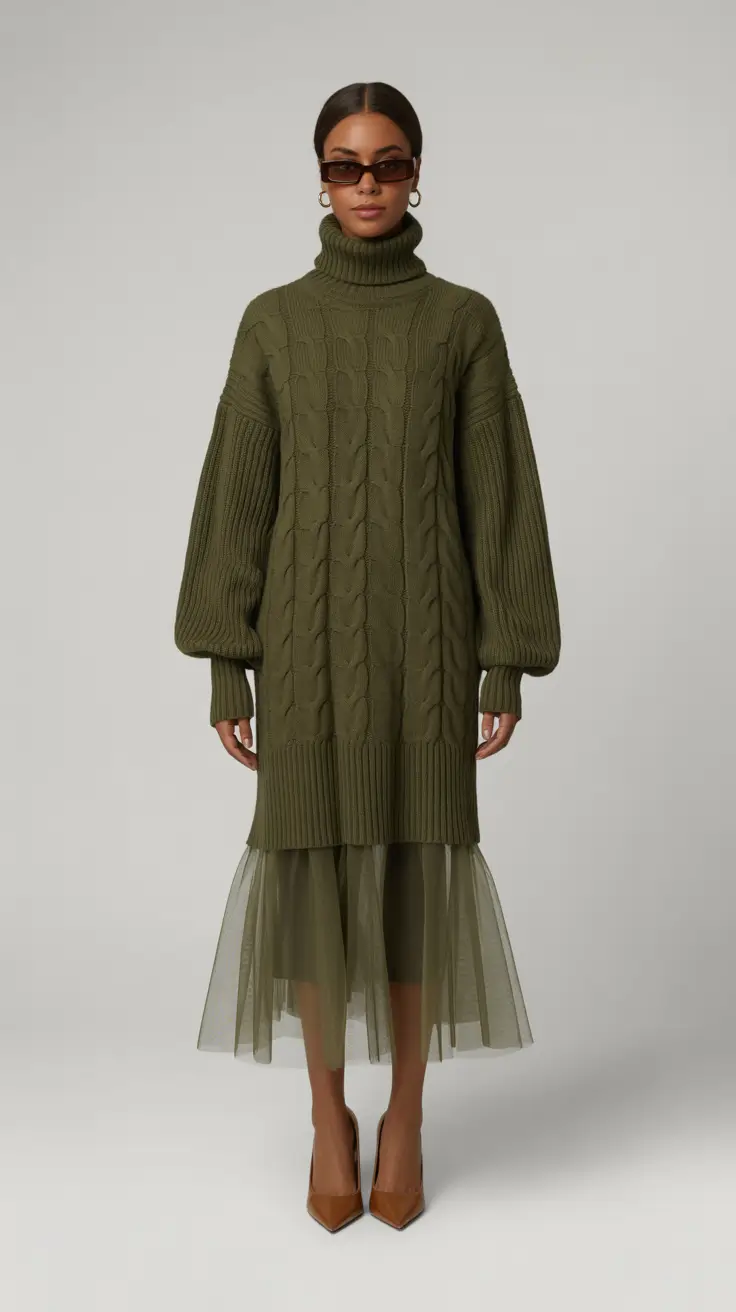 Best outfits for Black women 2026 - Earthy Layers: Chunky Turtleneck and Tulle Hem Drama