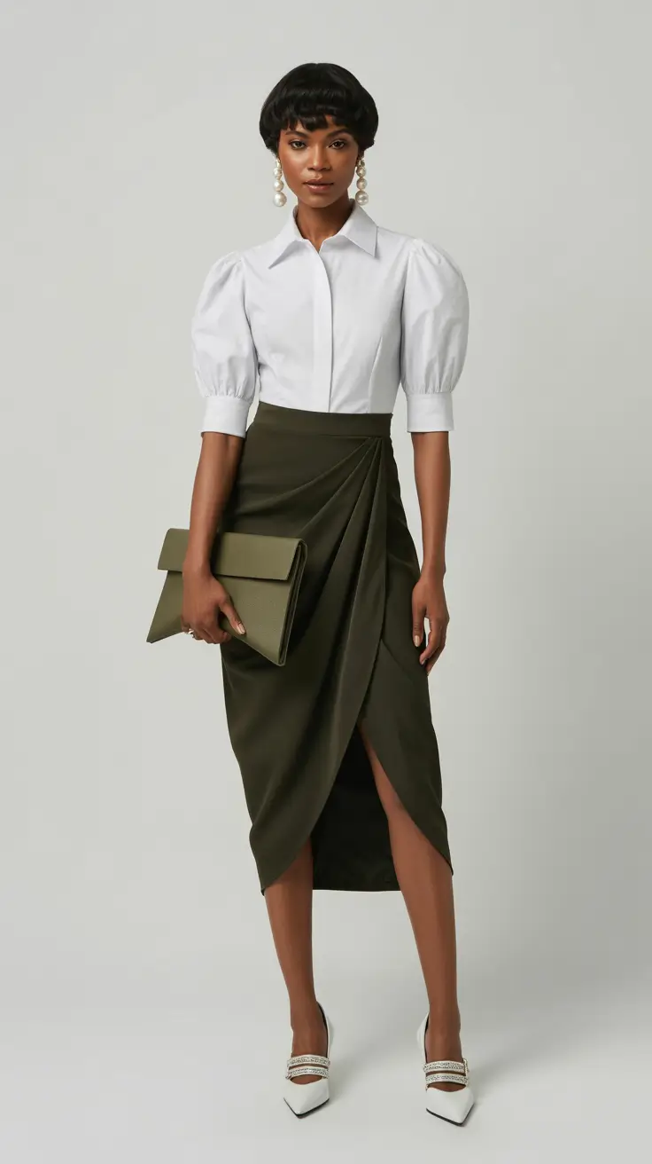 Best outfits for Black women 2026 - Modern Elegance: White Shirt and Drape-Wrap Skirt