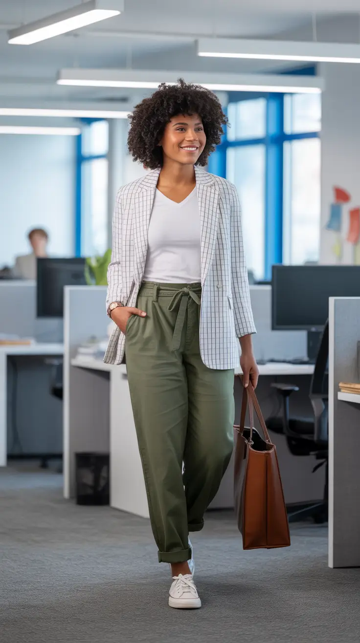 Best outfits for Black women 2026 - Office Ease: White Tee, Paperbag Pants, and Grid Blazer