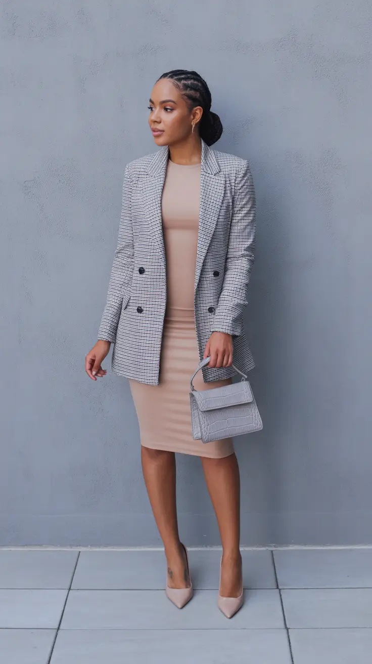 Best outfits for Black women 2026 - Boardroom Curves: Nude Bodycon and Checked Blazer