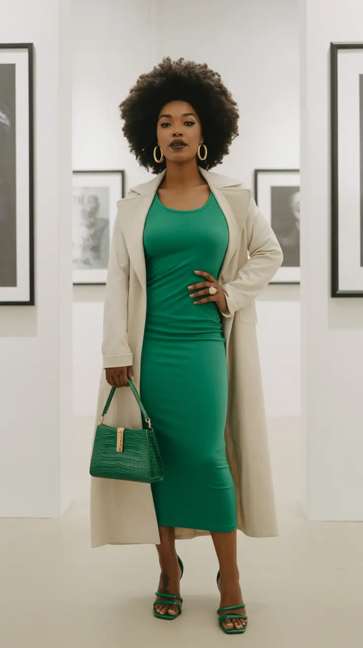Best outfits for Black women 2026 - Gallery Glam: Emerald Midi and Cream Coat