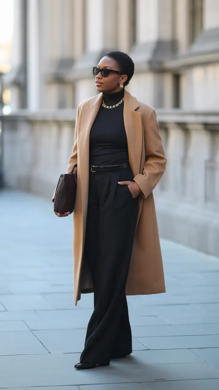 Best outfits for Black women 2026 - City Winter Uniform: Camel Coat and All-Black Base