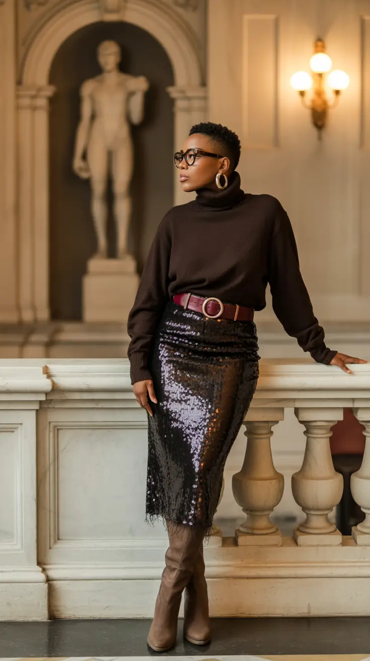 Best outfits for Black women 2026 - Sequin Skirt and Chocolate Turtleneck Night Sparkle