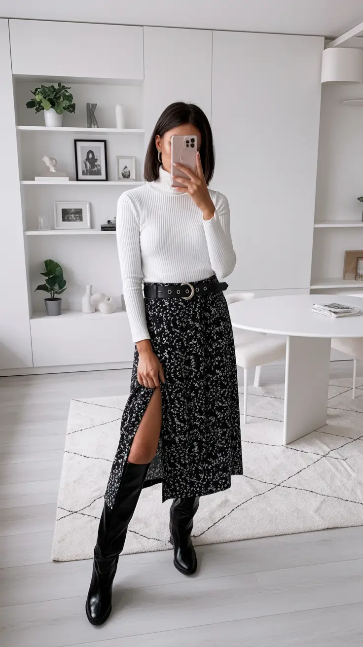 Best trendy outfits for women 2026 – Soft monochrome with a floral slit skirt