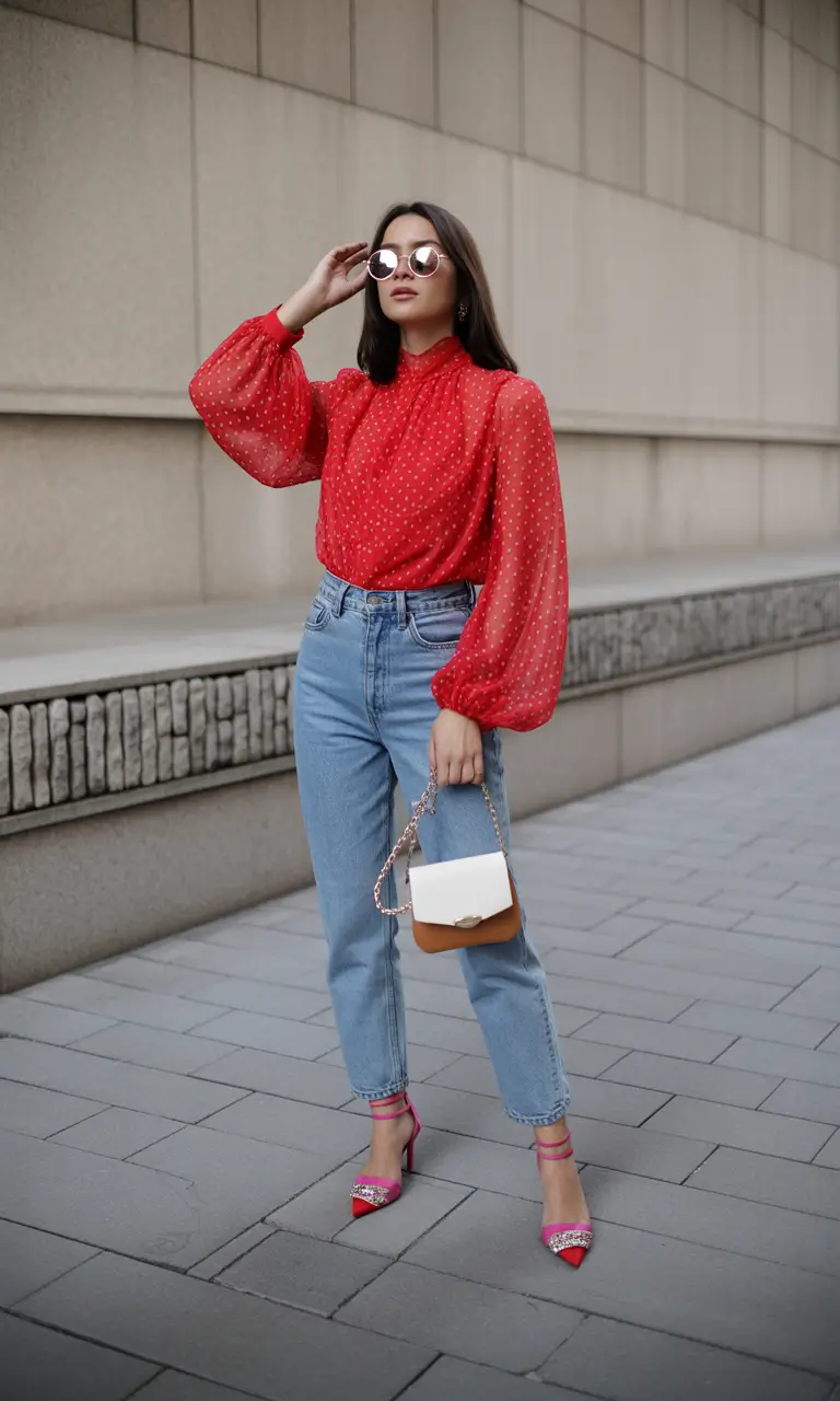 Best trendy outfits for women 2026 Red statement blouse with relaxed denim