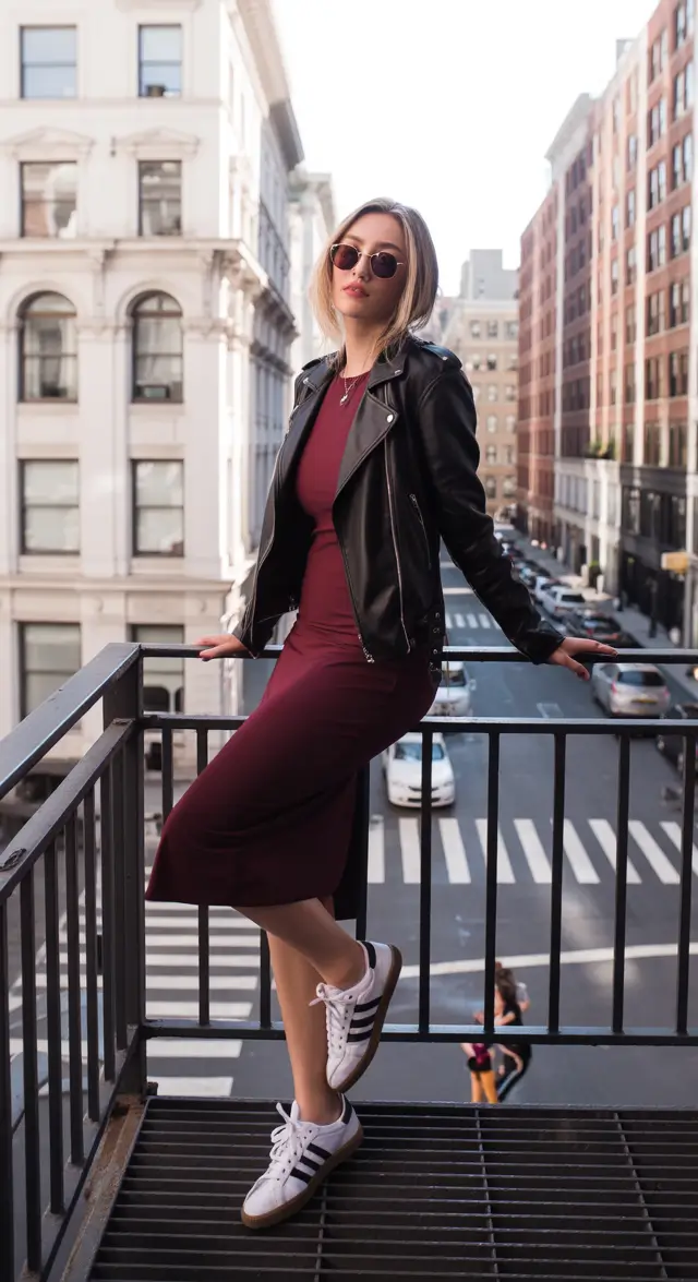 Best trendy outfits for women 2026 Bodycon midi dress with a biker twist