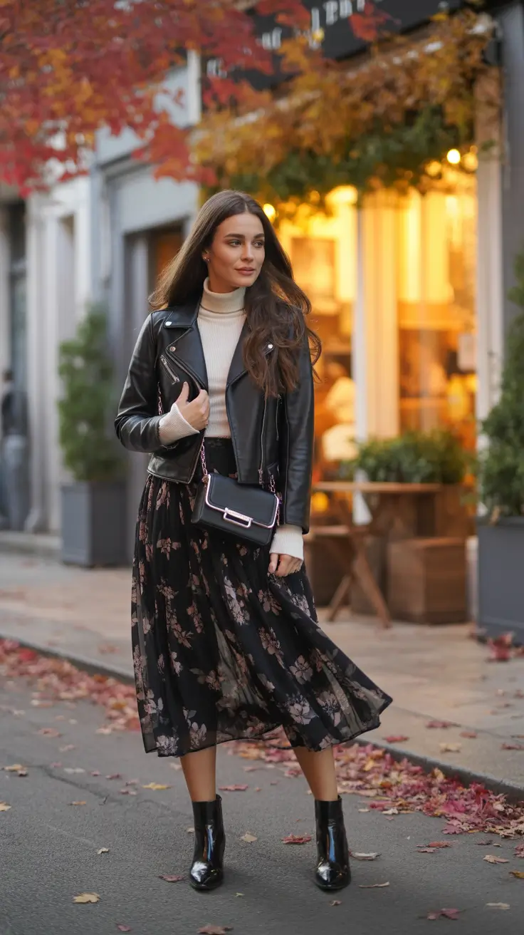 Best trendy outfits for women 2026 Floral midi skirt with leather and ankle boots