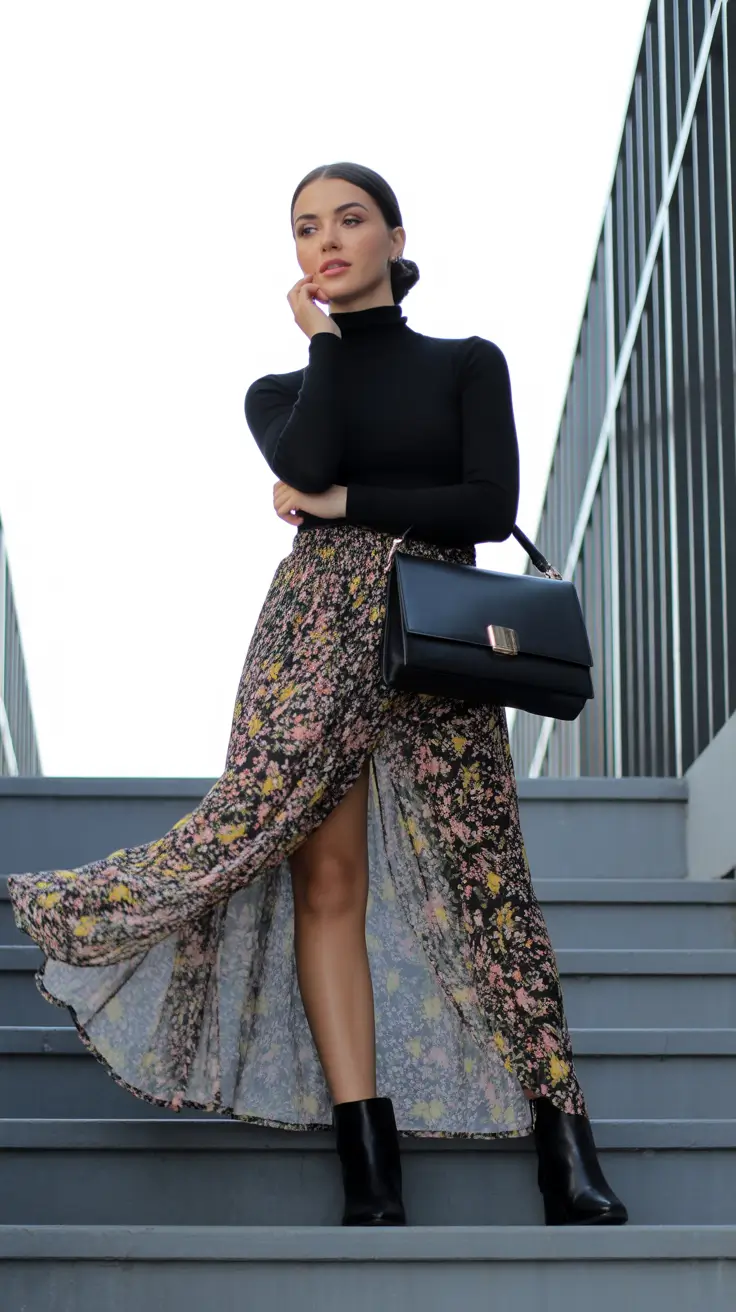 Best trendy outfits for women 2026 Black turtleneck with floral slit skirt