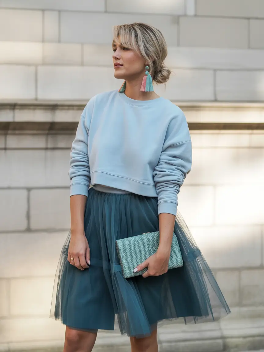 Best trendy outfits for women 2026 Tulle skirt with sweatshirt and tassel earrings