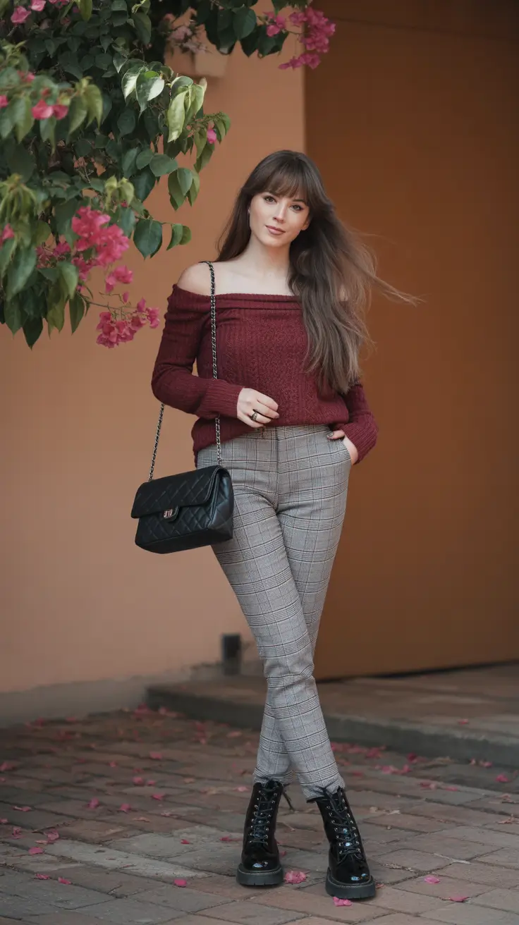Best trendy outfits for women 2026 Off-the-shoulder knit with plaid pants
