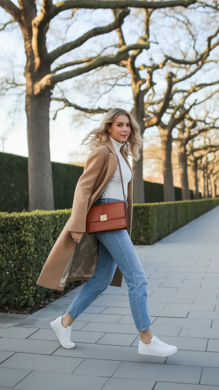 Best trendy outfits for women 2026 Camel coat light denim and white sneakers