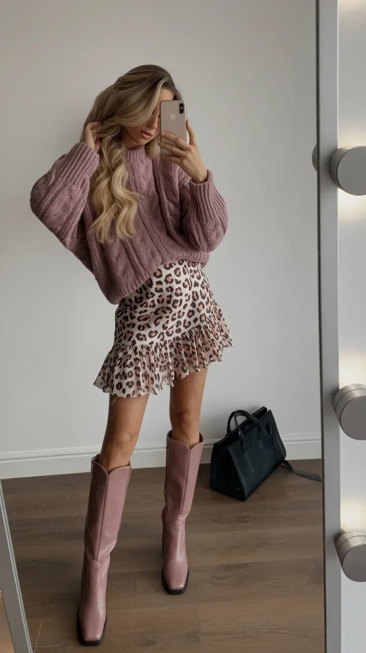 Best trendy outfits for women 2026 – Leopard ruffle skirt with dusty rose knit and boots