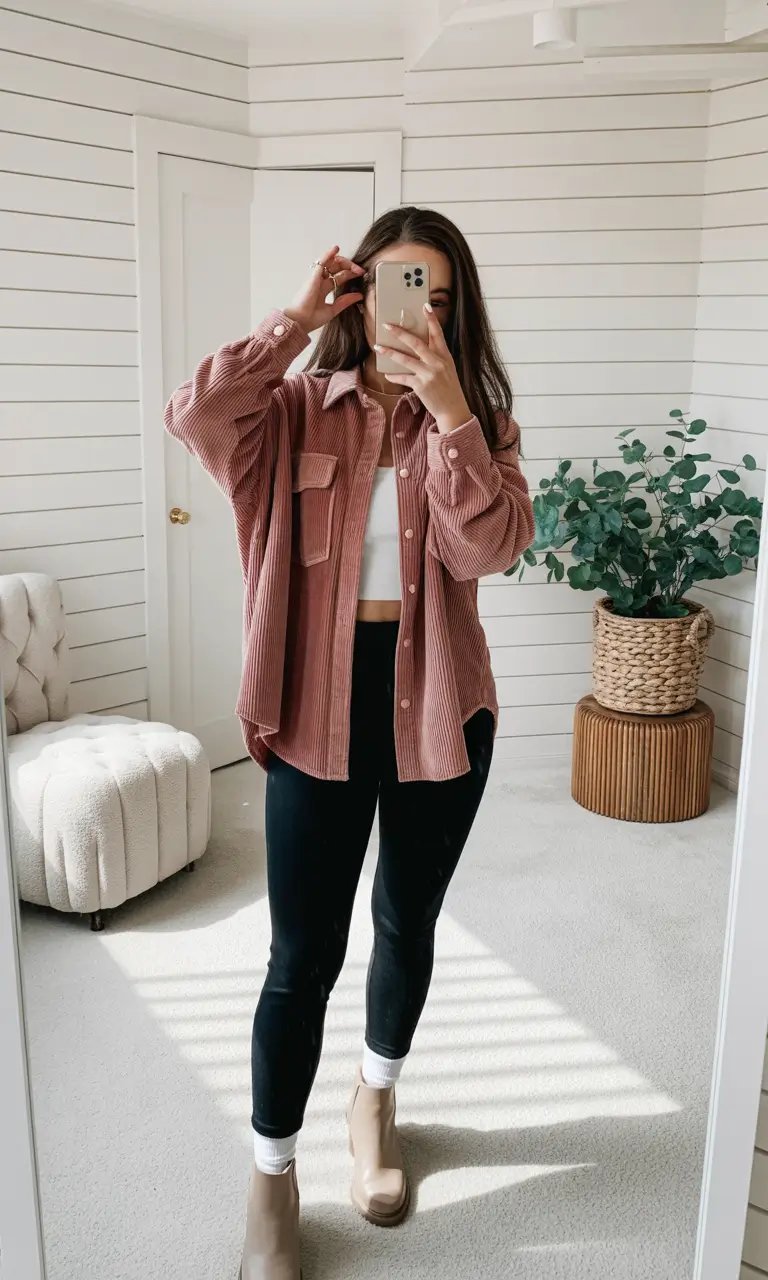 Best trendy outfits for women 2026 – Leggings shacket and ankle boots for cozy days