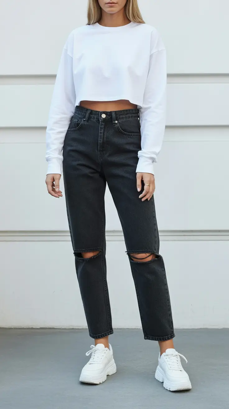 Best trendy outfits for women 2026 – Black straight jeans with a crisp white crop