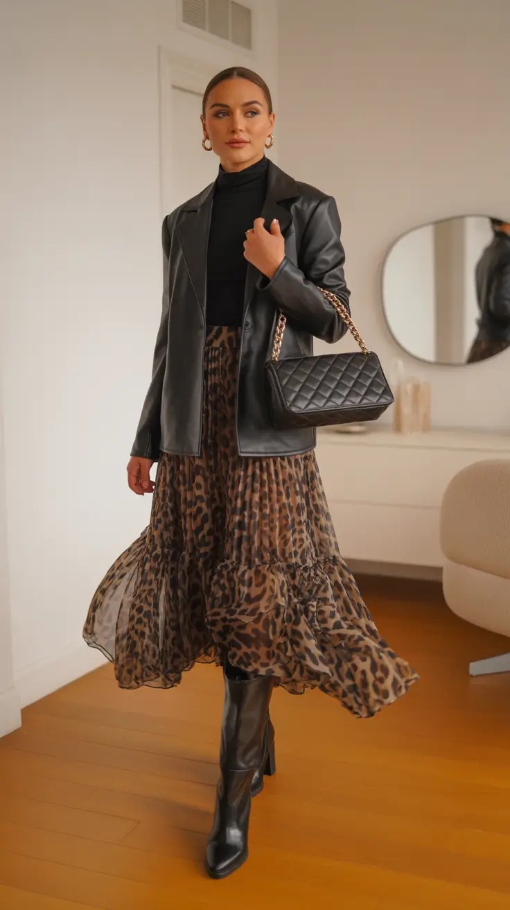 Best trendy outfits for women 2026 – Leopard chiffon and leather for modern glam