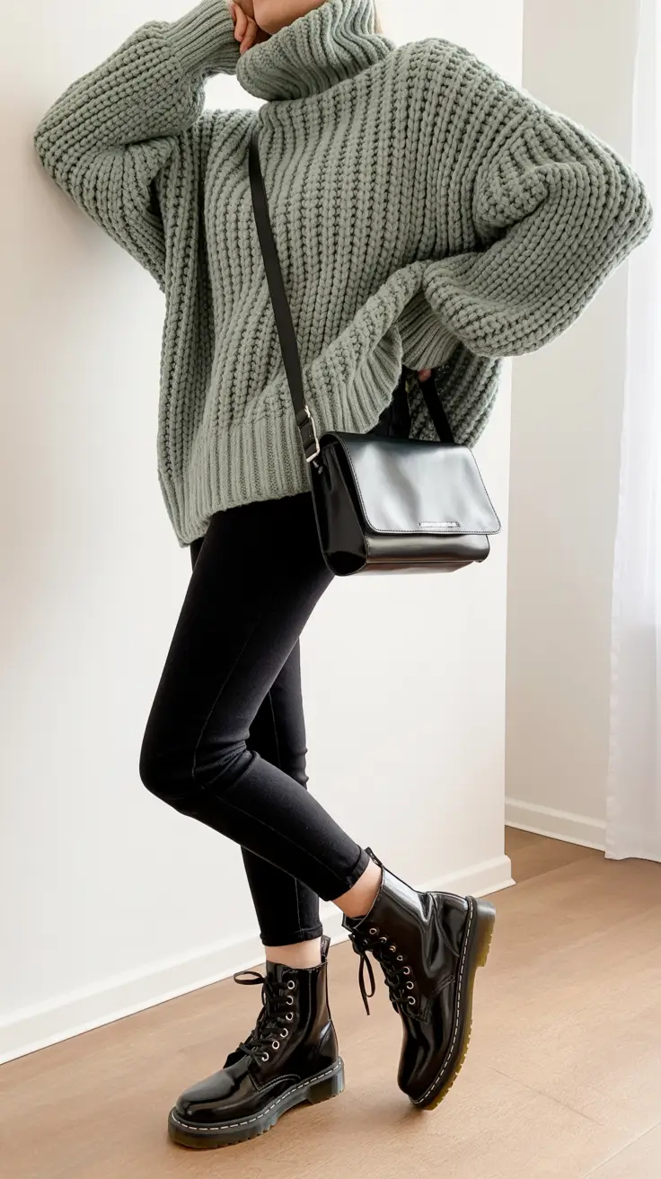 Best trendy outfits for women 2026 – Chunky knit with leggings and combat boots
