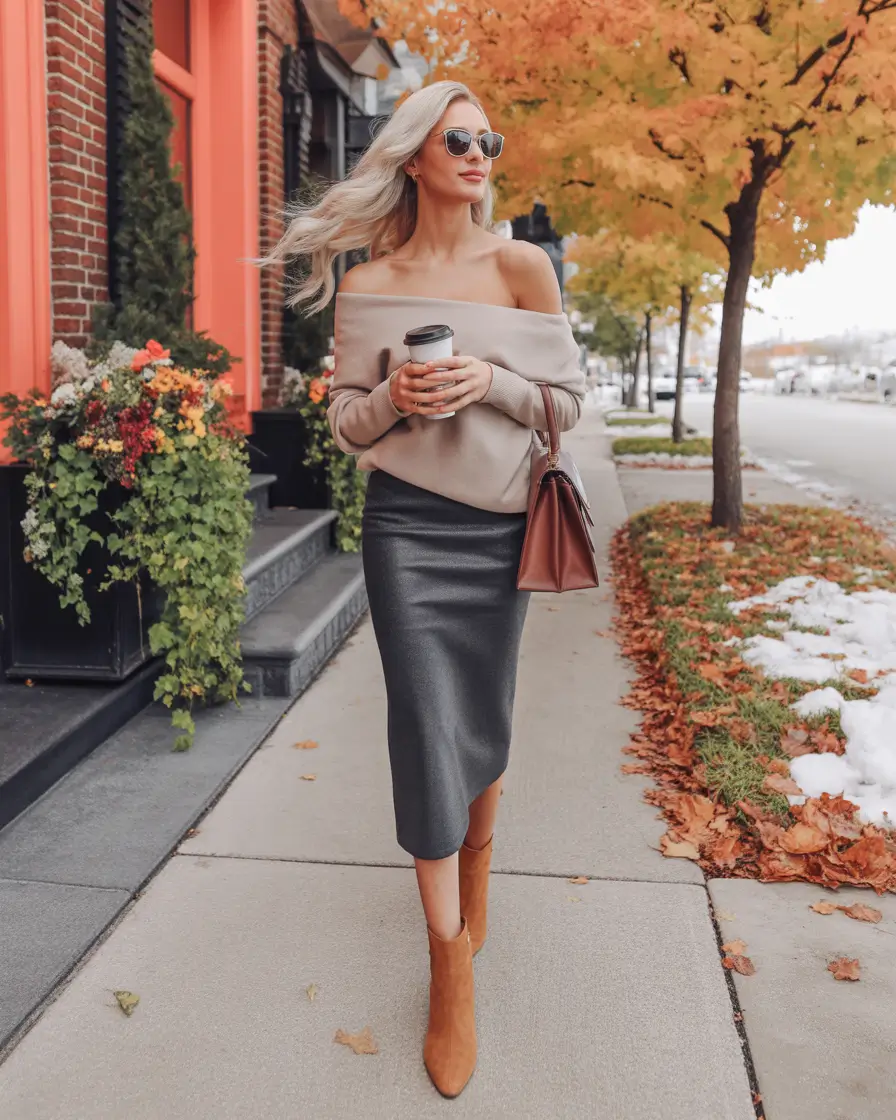 Best trendy outfits for women 2026 – Off-the-shoulder sweater with sleek midi skirt