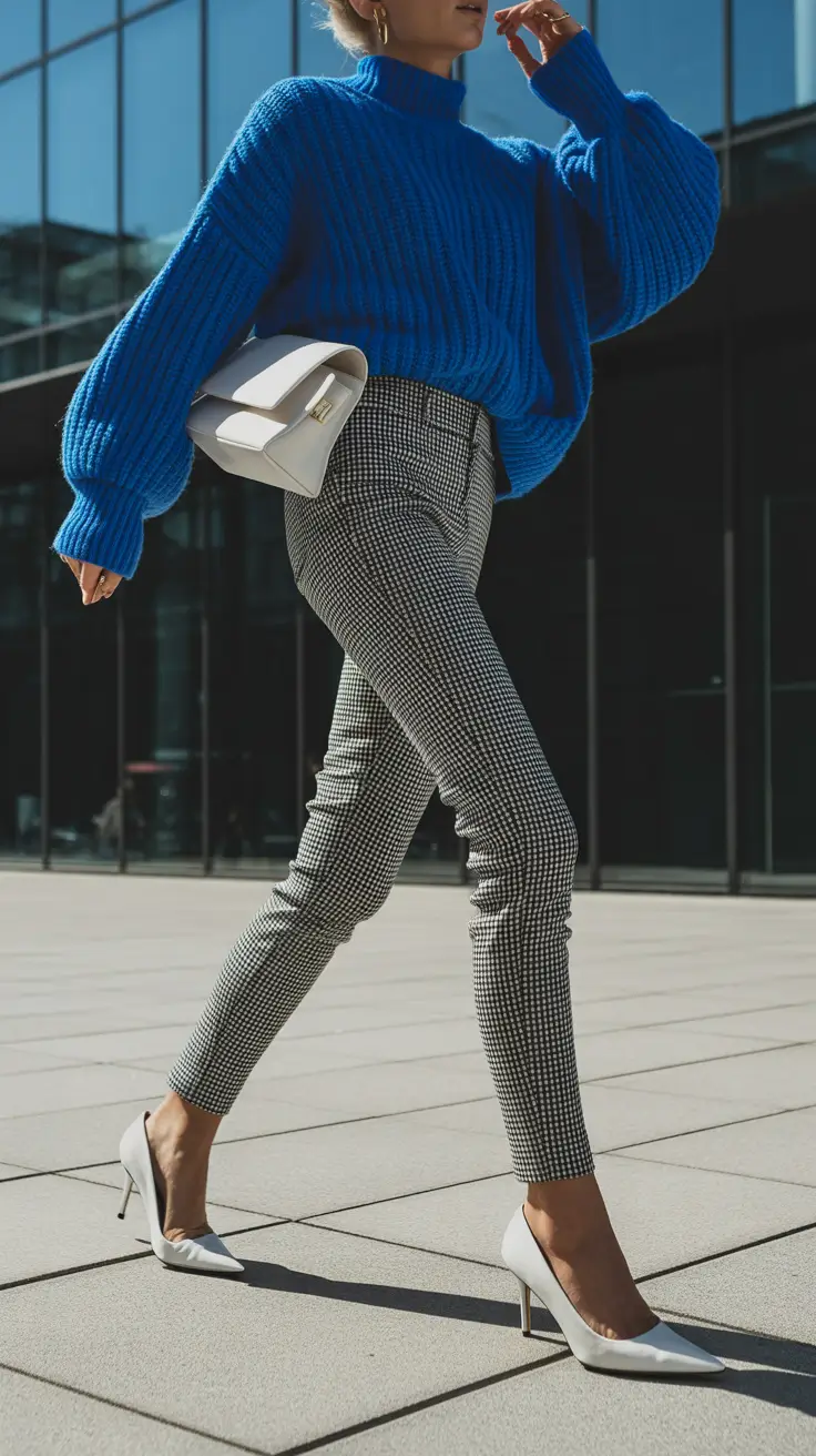 Best trendy outfits for women 2026 – Bold blue knit with tailored check pants