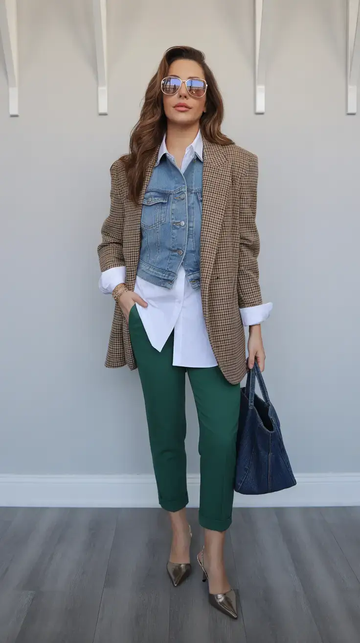 Best trendy outfits for women 2026 – Layered blazer denim and green trousers