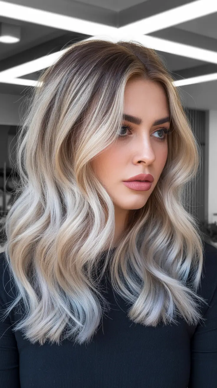 Blonde hair color trends 2026 – Cool Dark-Ash Balayage Waves