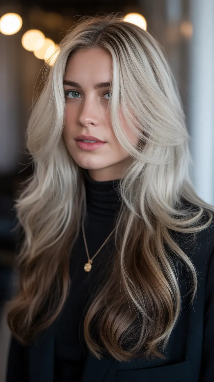 Blonde hair color trends 2026 – Platinum Veil on Brunette Lengths