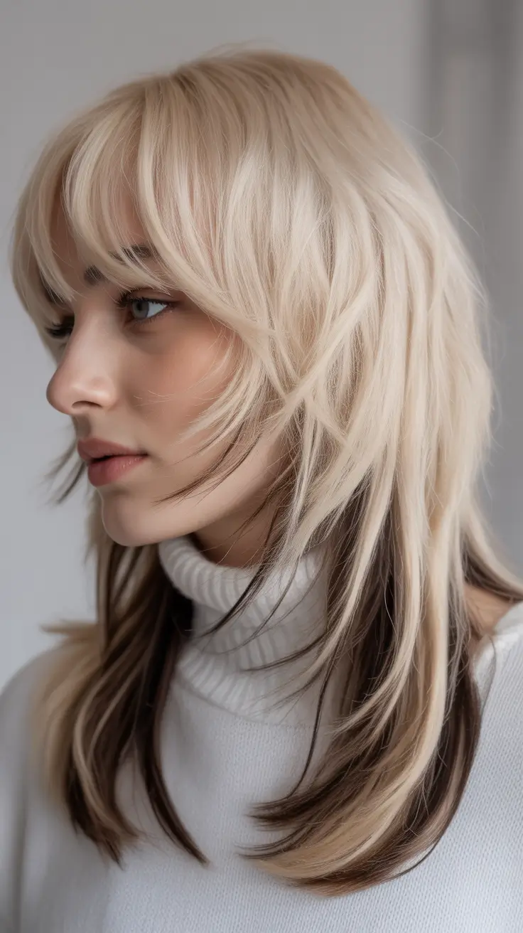 Blonde hair color trends 2026 – Beige Blonde Shag with Dark Underlayer