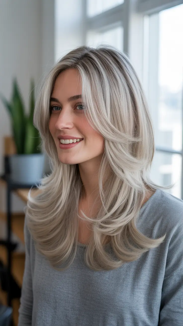 Blonde hair color trends 2026 – Feathered Icy Layers with Soft Movement