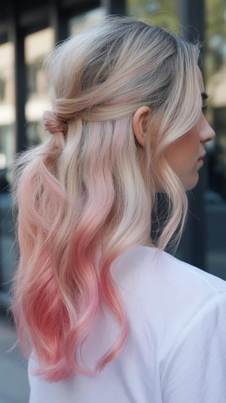 Blonde hair color trends 2026 – Pink-Dipped Blonde Half-Up Waves