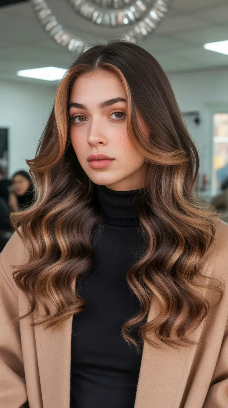 Brunette hair color trends 2026 Honey Ribbon Brunette Waves