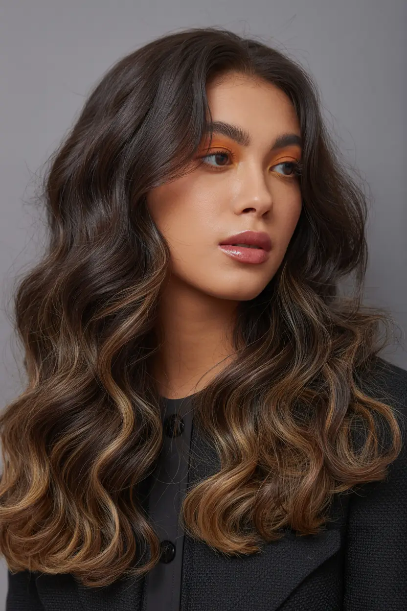 Brunette hair color trends 2026 Chocolate Swirl Waves with Golden Accents