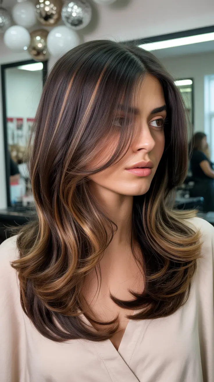 Brunette hair color trends 2026 Holiday Latte Brunette with Caramel Drama