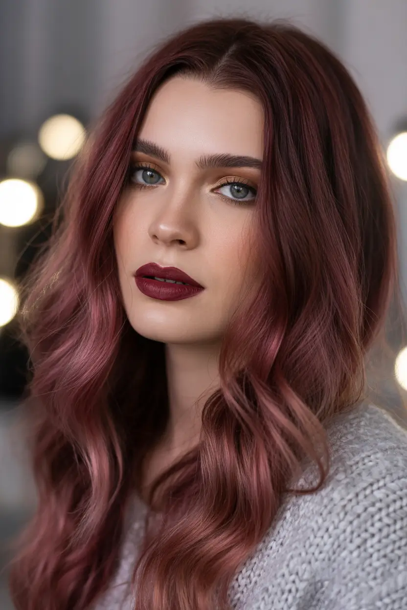 Brunette hair color trends 2026 Merlot Rose-Brunette Luxe Waves