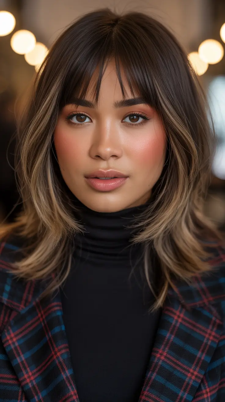 Brunette hair color trends 2026 Medium Shaggy Brunette with Soft Fringe