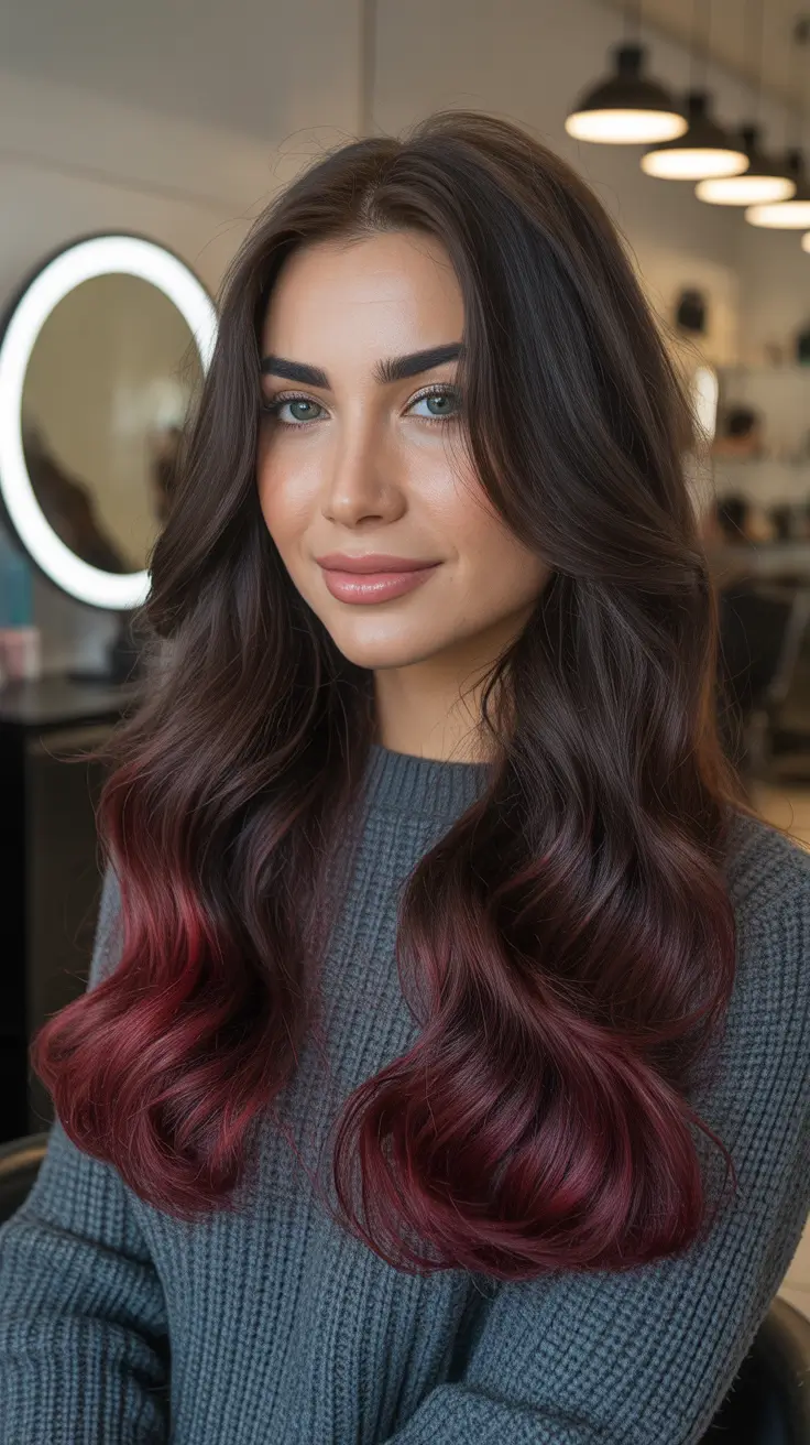 Brunette hair color trends 2026 Rich Brunette with Berry-Dipped Ends
