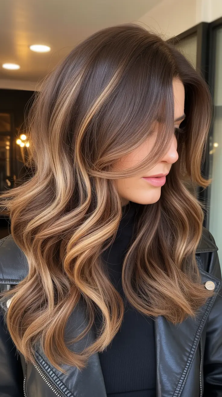 Brunette hair color trends 2026 Chocolate Latte Balayage with Caramel Ribbons