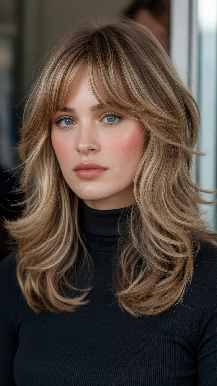 Brunette hair color trends 2026 Teddy-Bear Brunette Shag with Soft Bangs