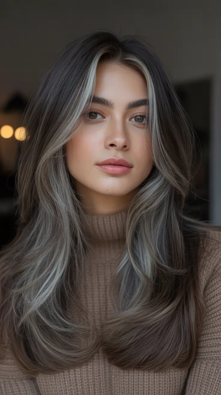 Brunette hair color trends 2026 Cool Ashy Brunette with Face-Framing Veils