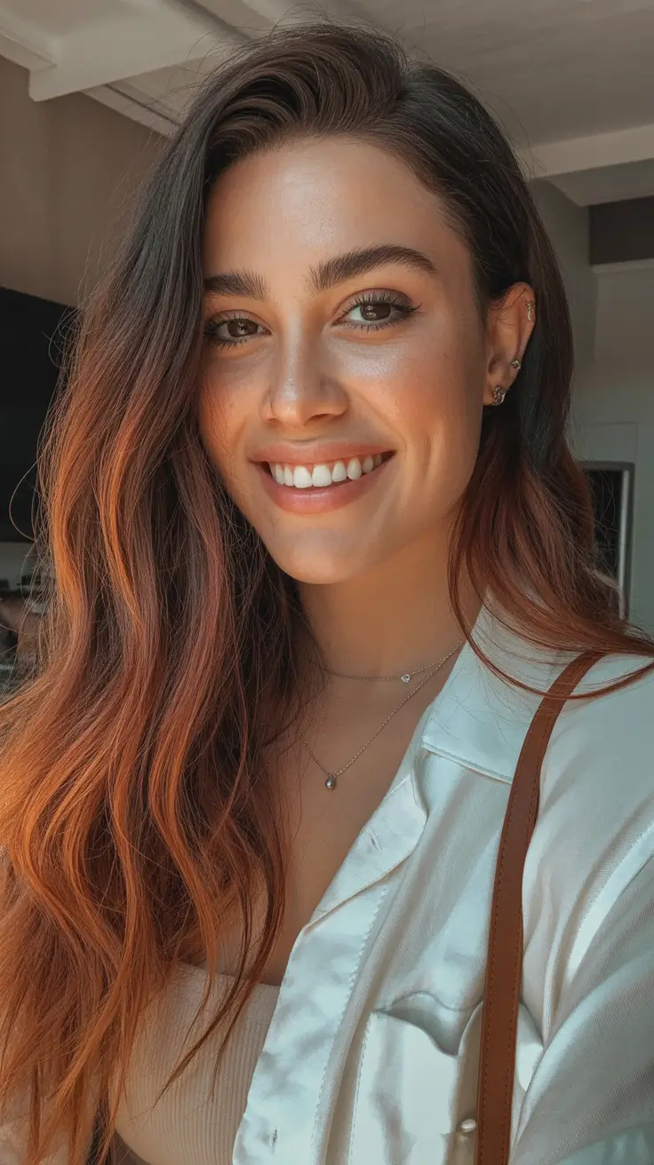 Brunette hair color trends 2026 Rich Copper-Brunette Glow