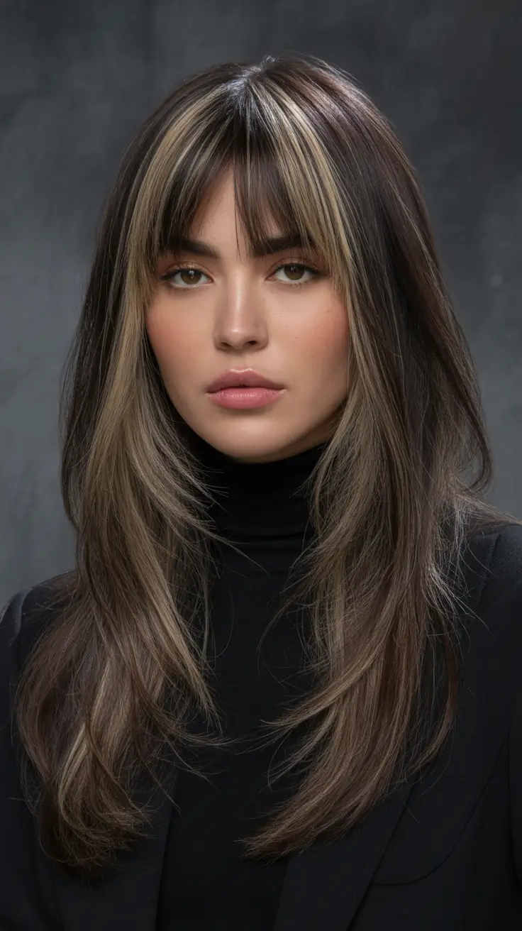 Brunette hair color trends 2026 Soft Curtain Fringe with Blonde Ribbons