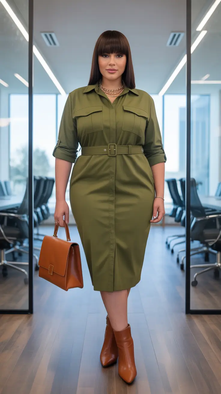Chic plus-size outfits for women 2026 – Olive Shirt Dress For Commanding Office Days