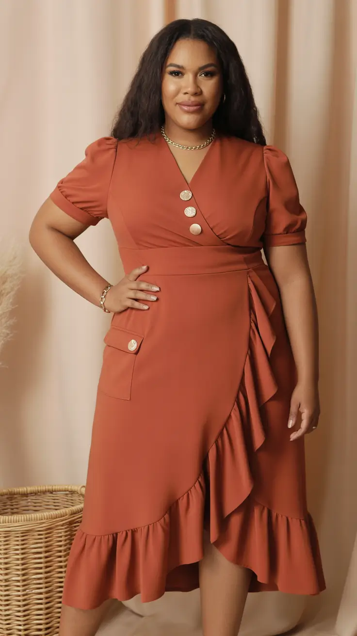 Chic plus-size outfits for women 2026 – Rust Wrap Dress For Soft Everyday Elegance