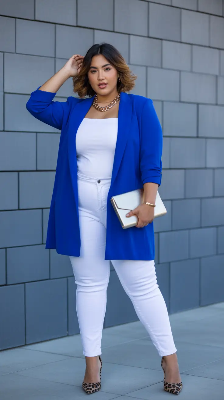 Chic plus-size outfits for women 2026 – Bright Blue Blazer And White Denim For Smart Casual Confidence
