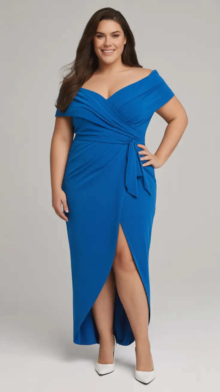 Chic plus-size outfits for women 2026 – Cobalt Wrap Gown For Special-Occasion Drama