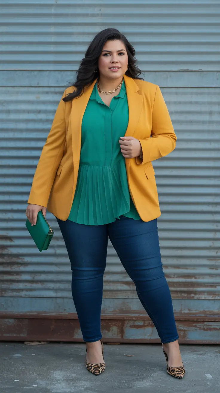 Chic plus-size outfits for women 2026 – Mustard Blazer And Emerald Top For Color-Blocked Workwear