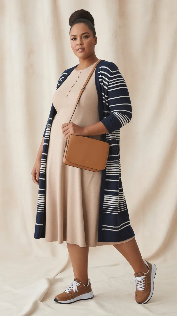 Chic plus-size outfits for women 2026 – Striped Cardigan And Neutral Dress For Relaxed Day-Off Style