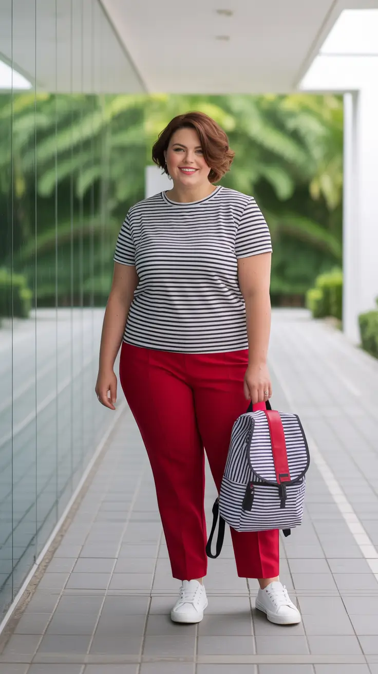 Chic plus-size outfits for women 2026 – Striped Tee And Red Trousers For Playful Casual Days