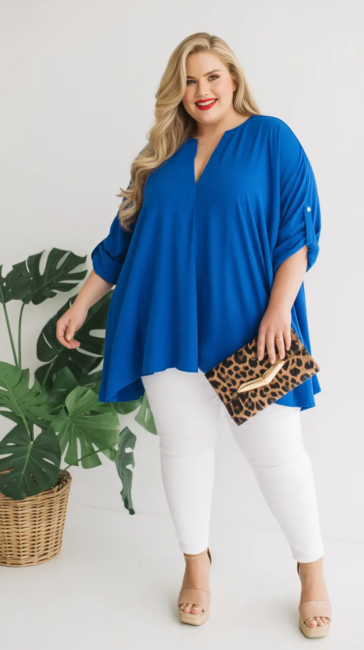 Chic plus-size outfits for women 2026 – Cobalt Tunic And White Denim For Easy Resort Energy